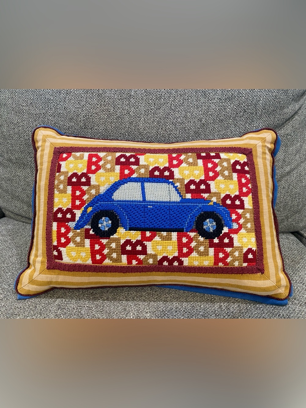 Handmade Blue VW Beetle Car Needlepoint Throw Pillow Goose Down Feather 18”x12”